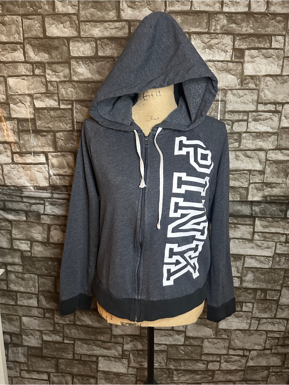 Victorias Secret Pink Dark Gray Zip-Up Hoodie Jacket with Bold White Print